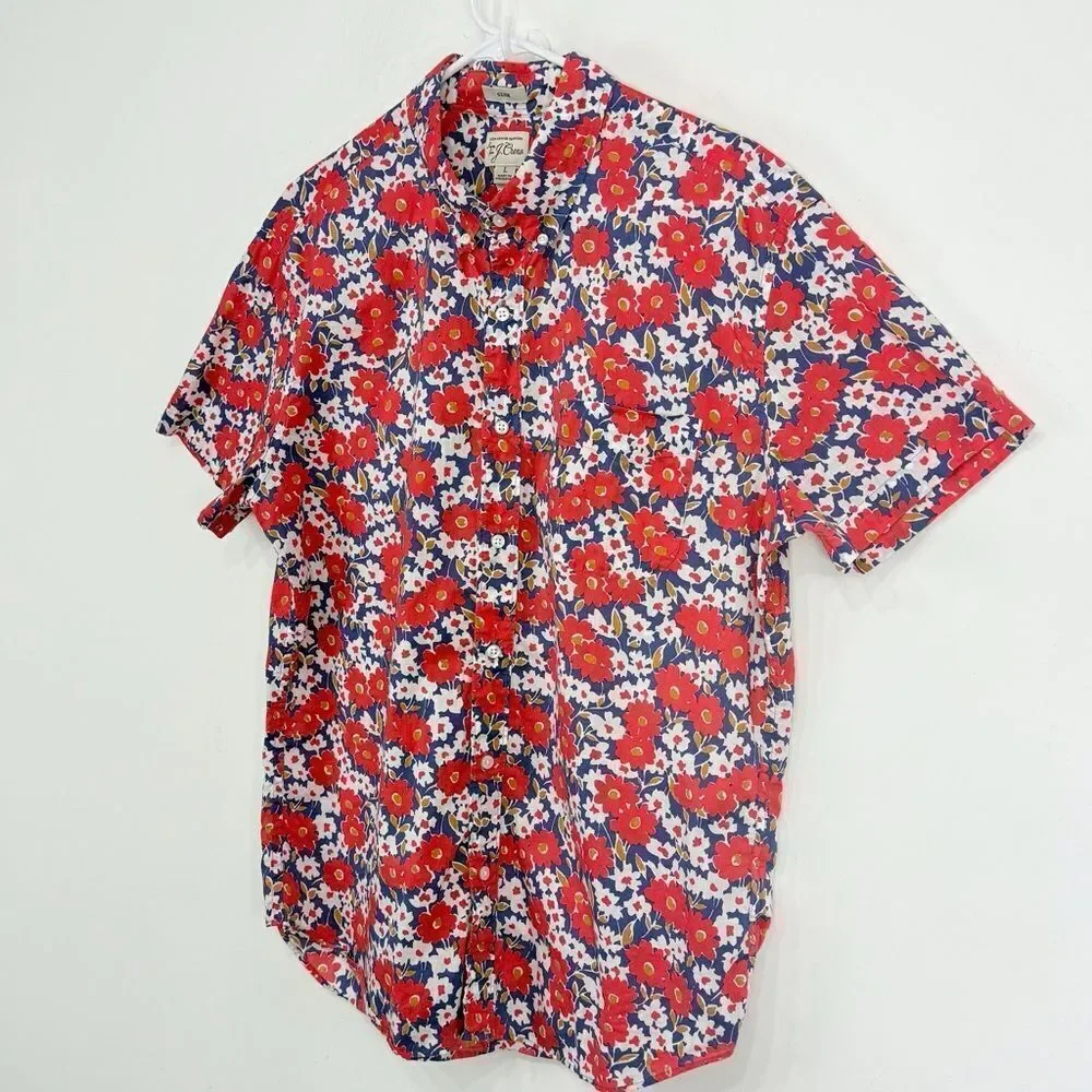 J. Crew Blue Red Floral 100% Cotton Slim Fit Button Down Short Sleeve Shirt